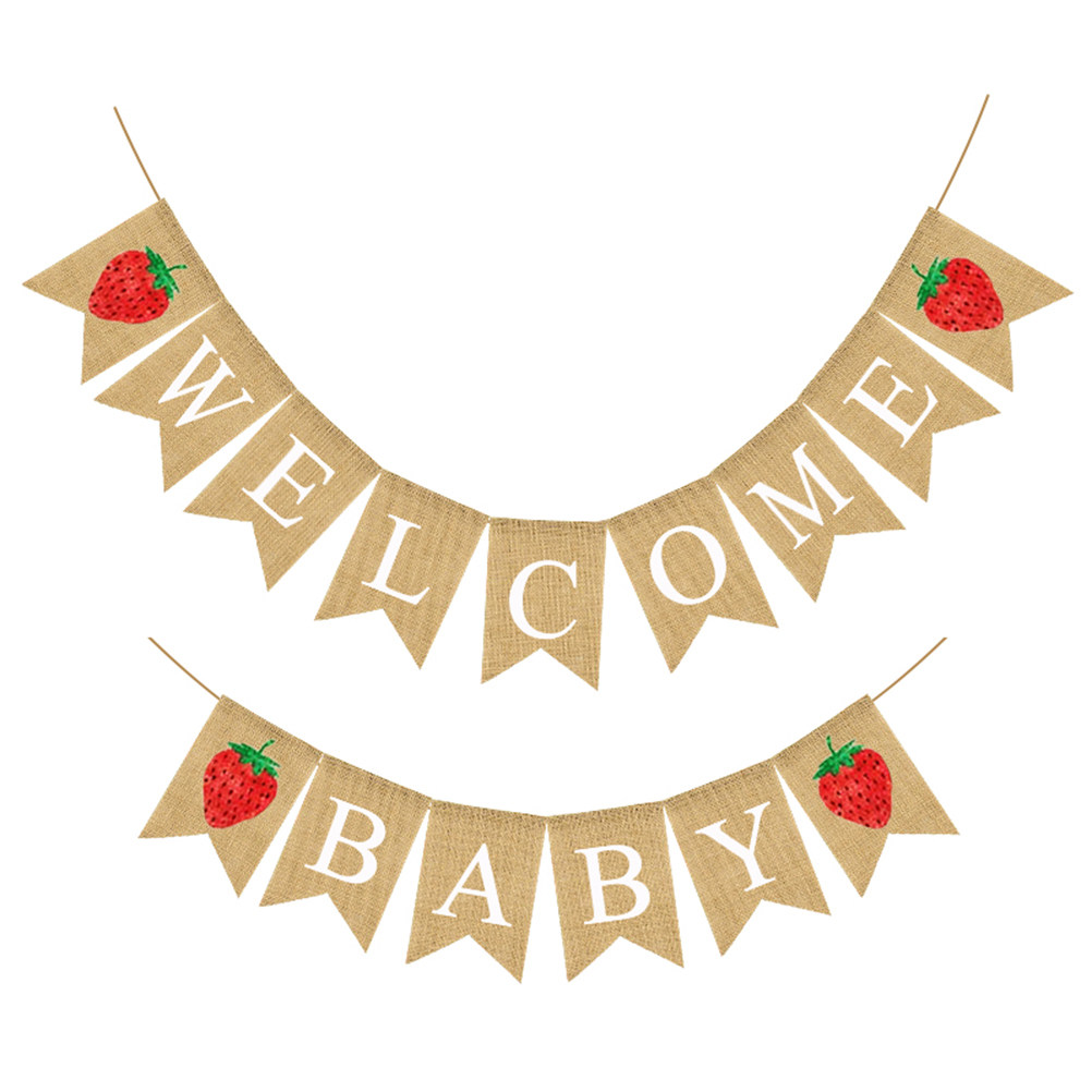 Baby Nursery Garland - Spanduk Linen Baby Shower Desain Stroberi,