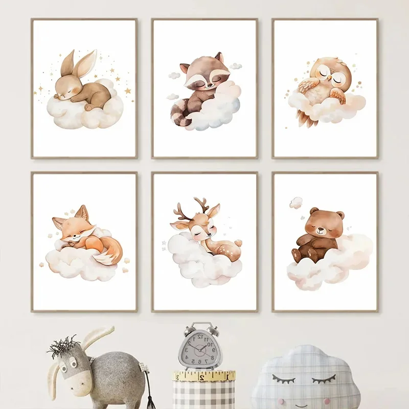 Baby Nursery Picture Frames - Lukisan Kanvas Hewan Awan Kartun Seni