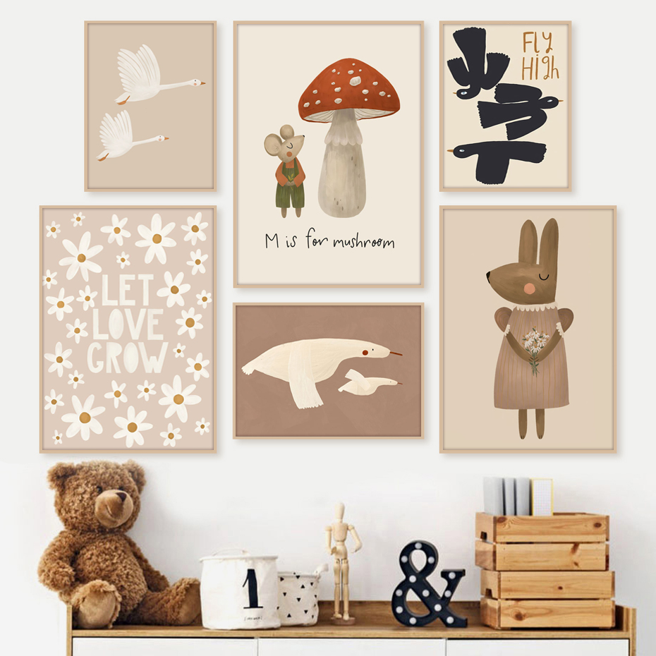 Baby Nursery Picture Frames - Poster Boho Kartun Kelinci Tikus Angsa