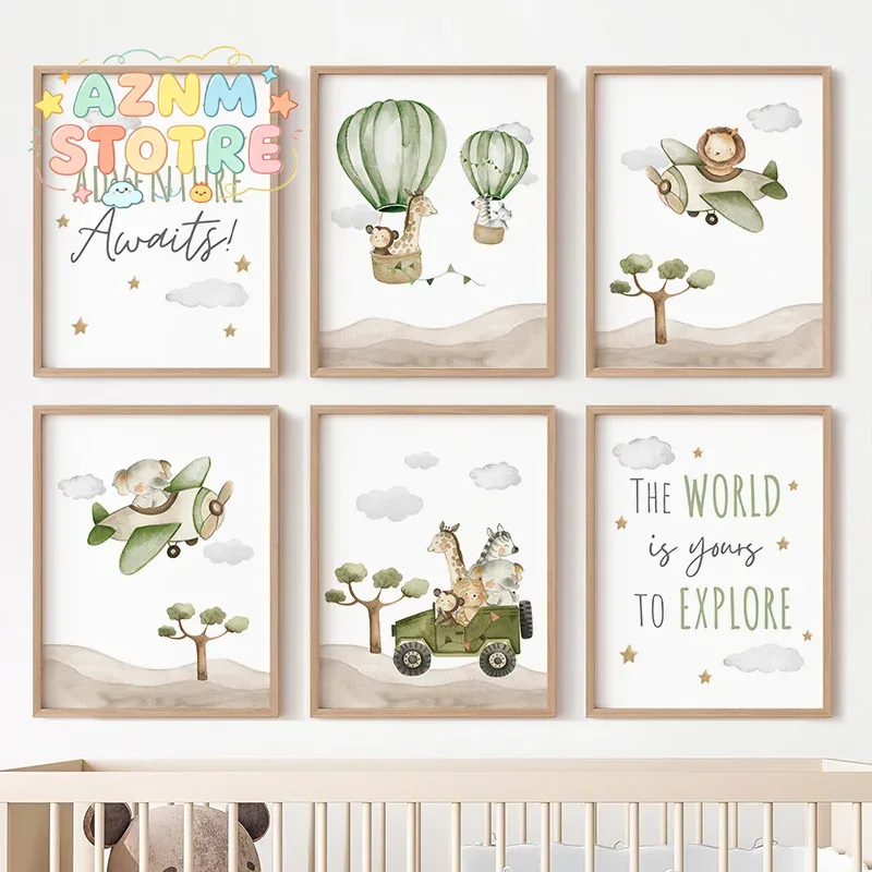 Baby Nursery Home - Lukisan Kanvas Poster Hewan Balon Udara