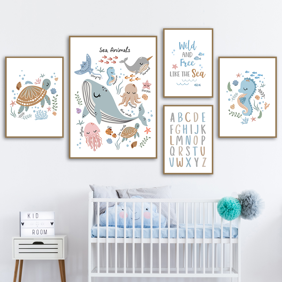 Baby Nursery Picture Frames - Hewan Laut, Kura-kura Laut, Paus, Angka,